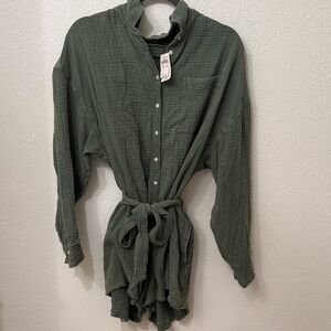 Aerie Olive Green Button-Up Long Sleeve Romper, Dress, Medium w/ Pockets NWT